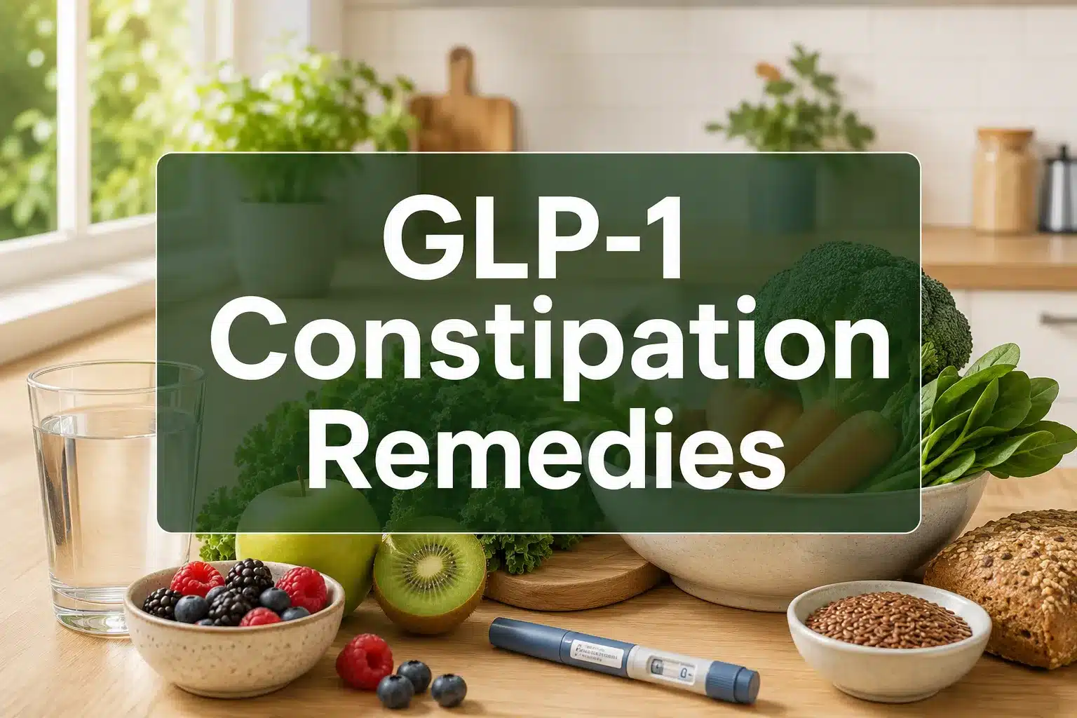 GLP-1 Constipation Remedies: Foods, Fiber & Relief Tips (2026) 1 Professional () hero image with 'GLP-1 Constipation Remedies' in crisp white on a semi-transparent dark green panel,
