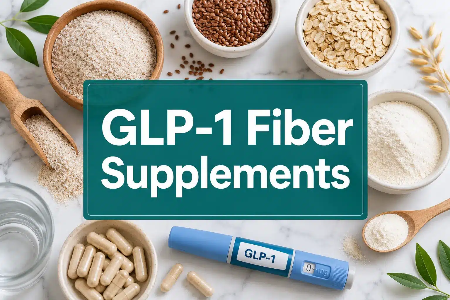 GLP-1 Fiber Supplements: Best Options for Digestive Health (2026) 1 Professional () hero image with 'GLP-1 Fiber Supplements' in crisp white on a deep teal semi-transparent panel, centered