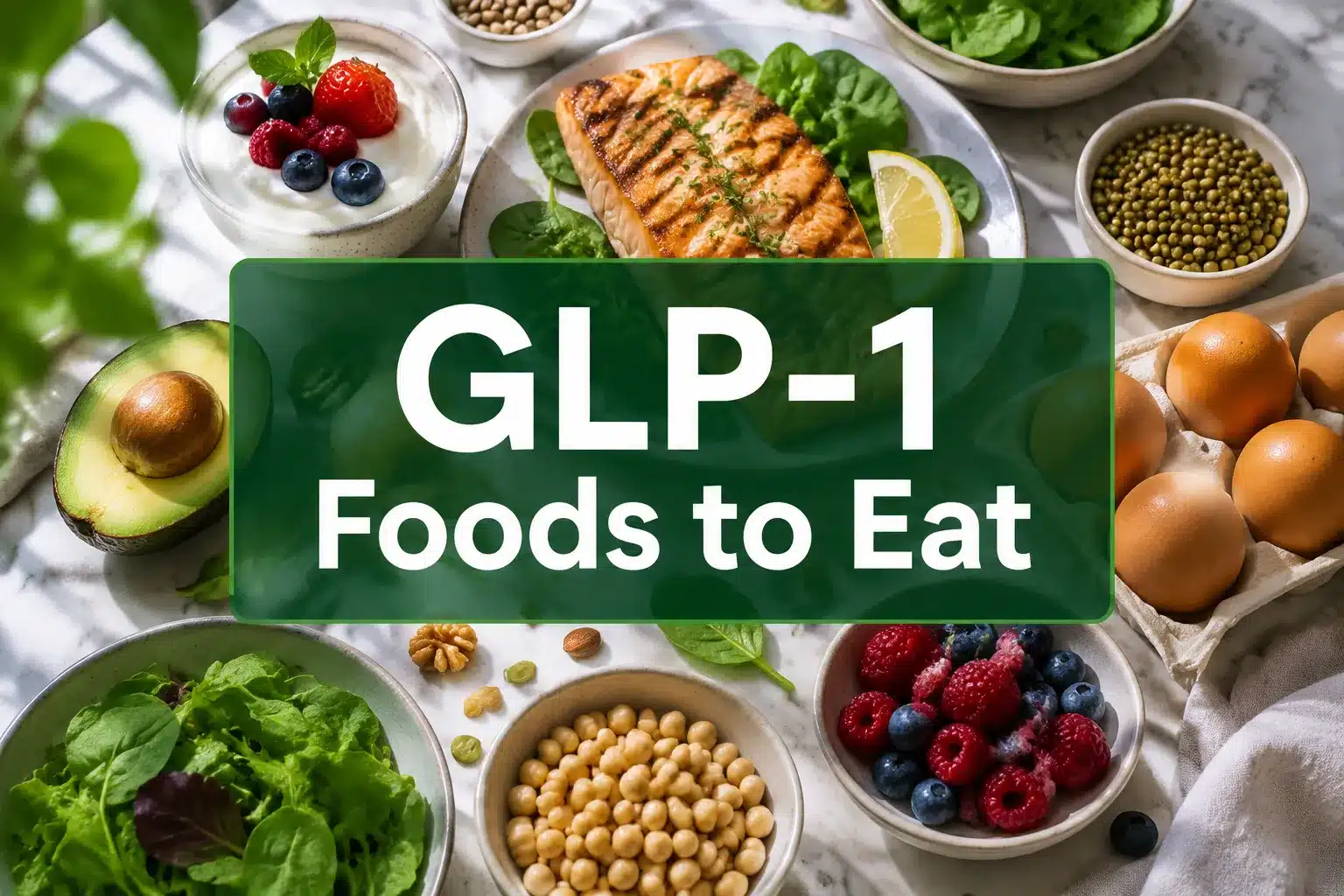 Professional () hero image with 'GLP-1 Foods to Eat' in crisp white on a deep forest-green semi-transparent panel, centered