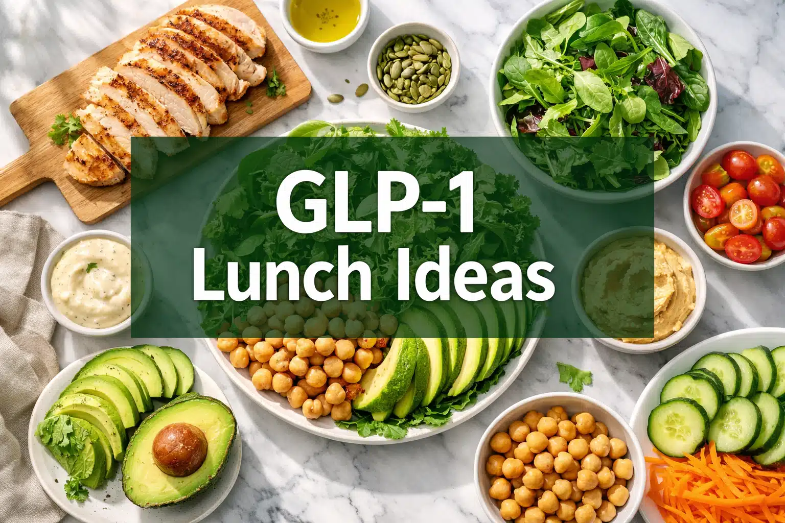 GLP-1 Breakfast Ideas: 30 Healthy High-Protein Breakfasts (2026) 1 Professional () hero image with 'GLP-1 Lunch Ideas' in crisp white on a semi-transparent dark green panel, centered with 8%