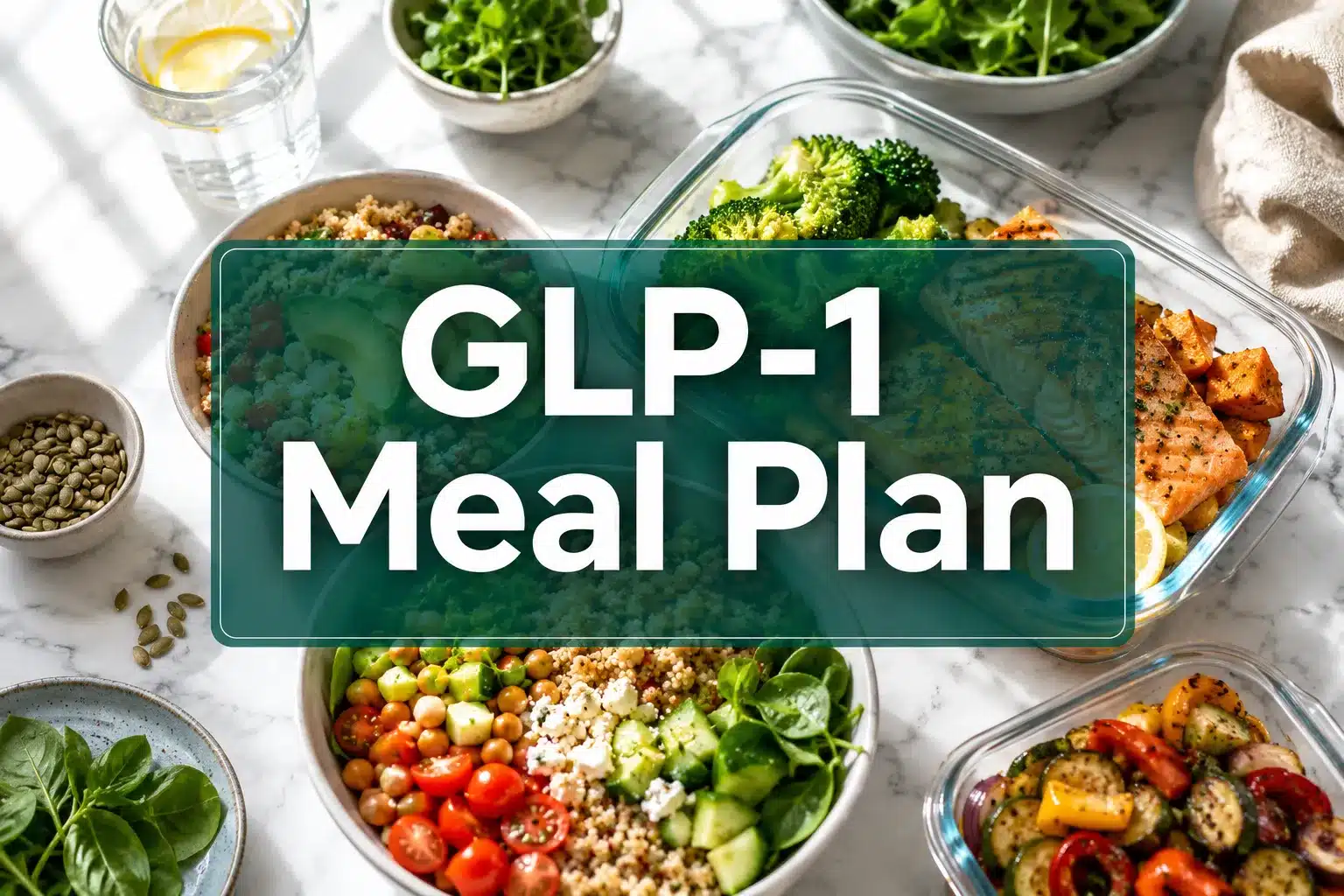 Professional () hero image with 'GLP-1 Meal Plan' in crisp white on a deep teal semi-transparent panel, centered with 8%