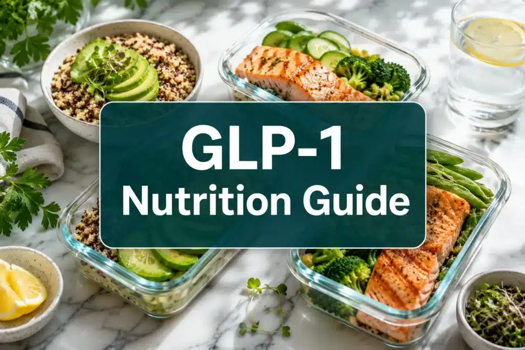 ReadyRx Review (2026): Is This GLP-1 Weight Loss Program Worth It? 8 Professional () hero image with 'GLP-1 Nutrition Guide' in crisp white on a deep teal semi-transparent panel, centered with