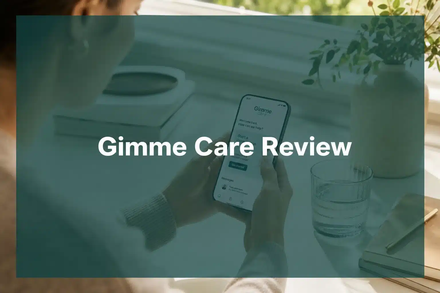 Gimme Care review 1 Professional () hero image with 'Gimme Care Review' in crisp white on a deep teal semi-transparent panel, centered with 8%