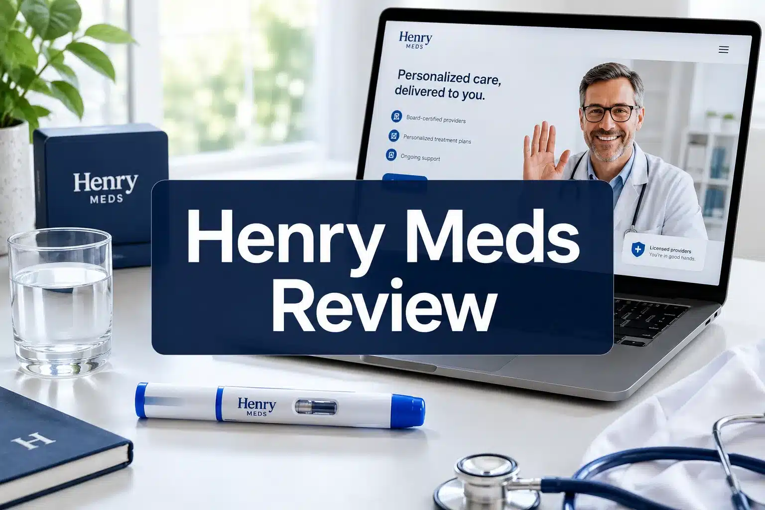 Henry Meds review 1 Professional () hero image with 'Henry Meds Review' in crisp white on a deep navy semi-transparent panel, centered with 8%