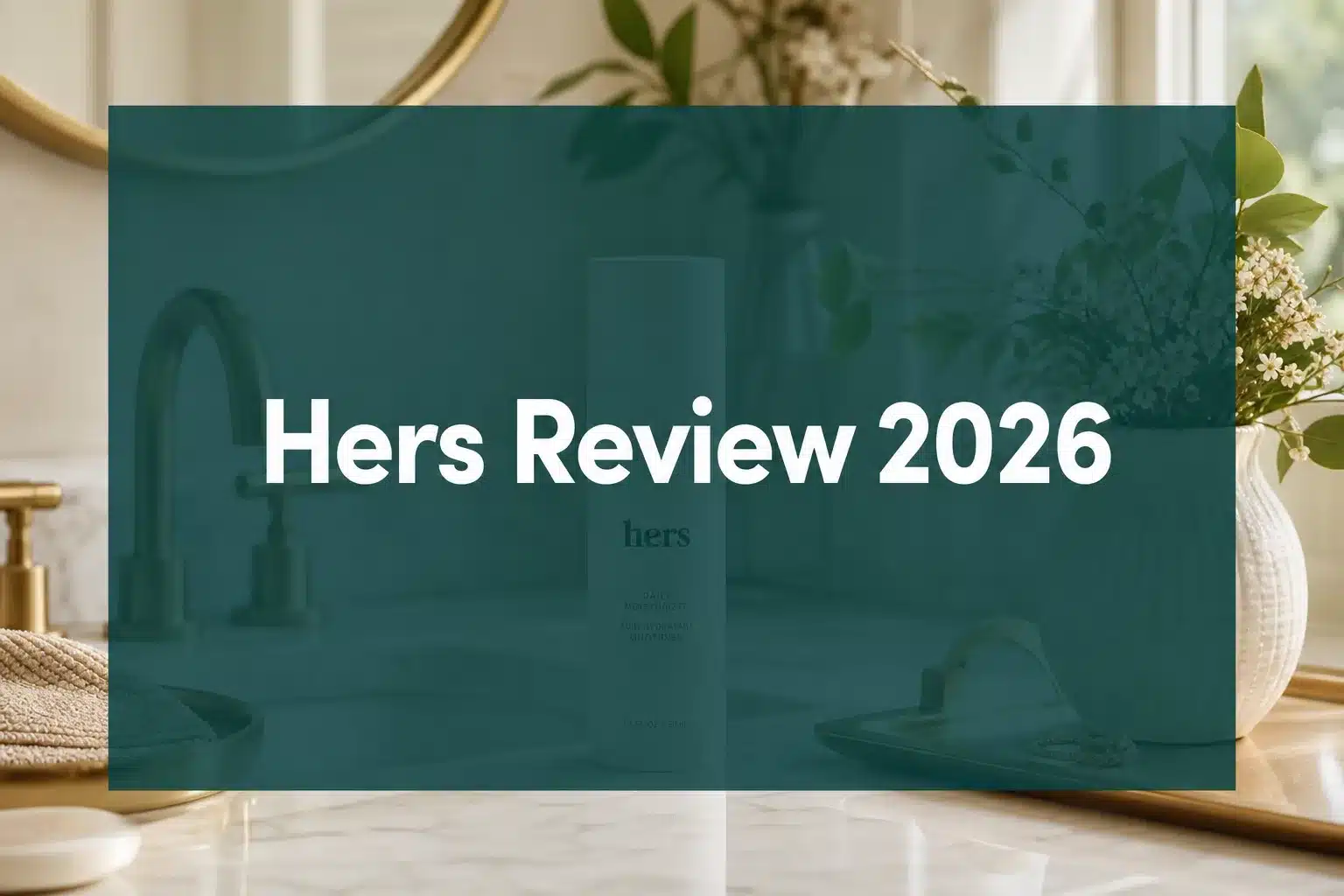 Professional () hero image with 'Hers Review 2026' in crisp white on a deep teal semi-transparent panel, centered with 8%