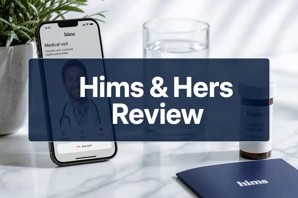 Hims & Hers review 1 Professional () hero image with 'Hims & Hers Review' in crisp white on a deep navy semi-transparent panel, centered with 8%