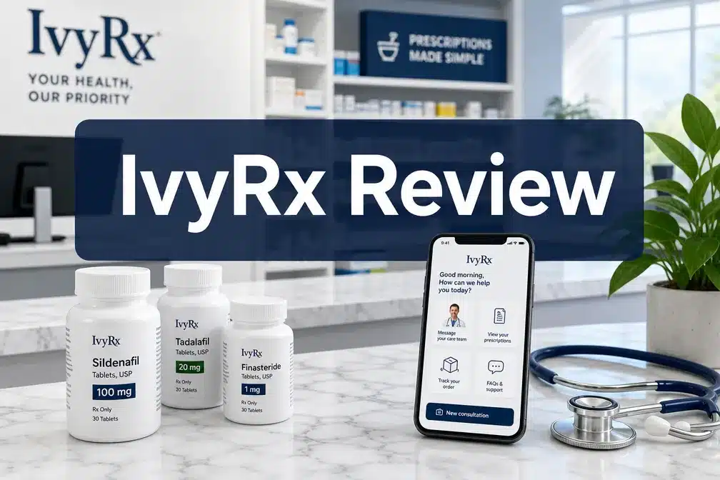 Professional () hero image with 'IvyRx Review' in crisp white on a deep navy semi-transparent panel, centered with 8% safe