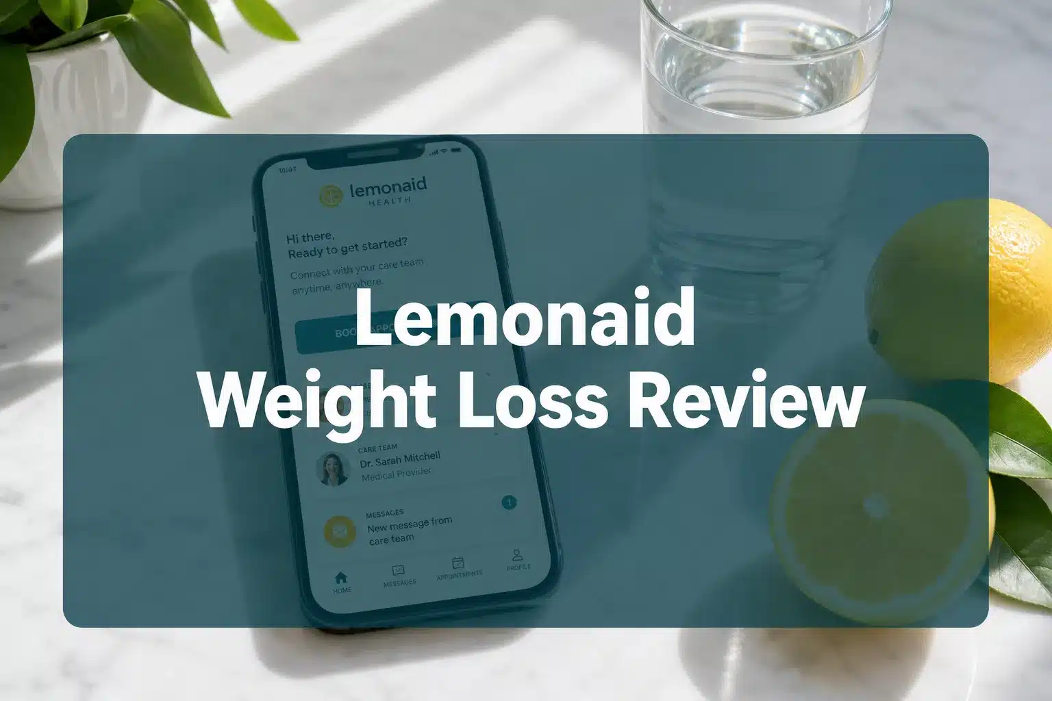 Professional () hero image with 'Lemonaid Weight Loss Review' in crisp white on a deep teal semi-transparent panel, centered