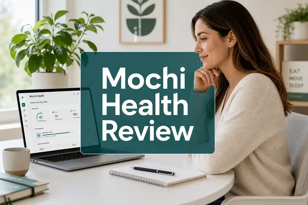 Mochi Health review 1 Professional () hero image with 'Mochi Health Review' in crisp white on a deep teal semi-transparent panel, centered with 8%