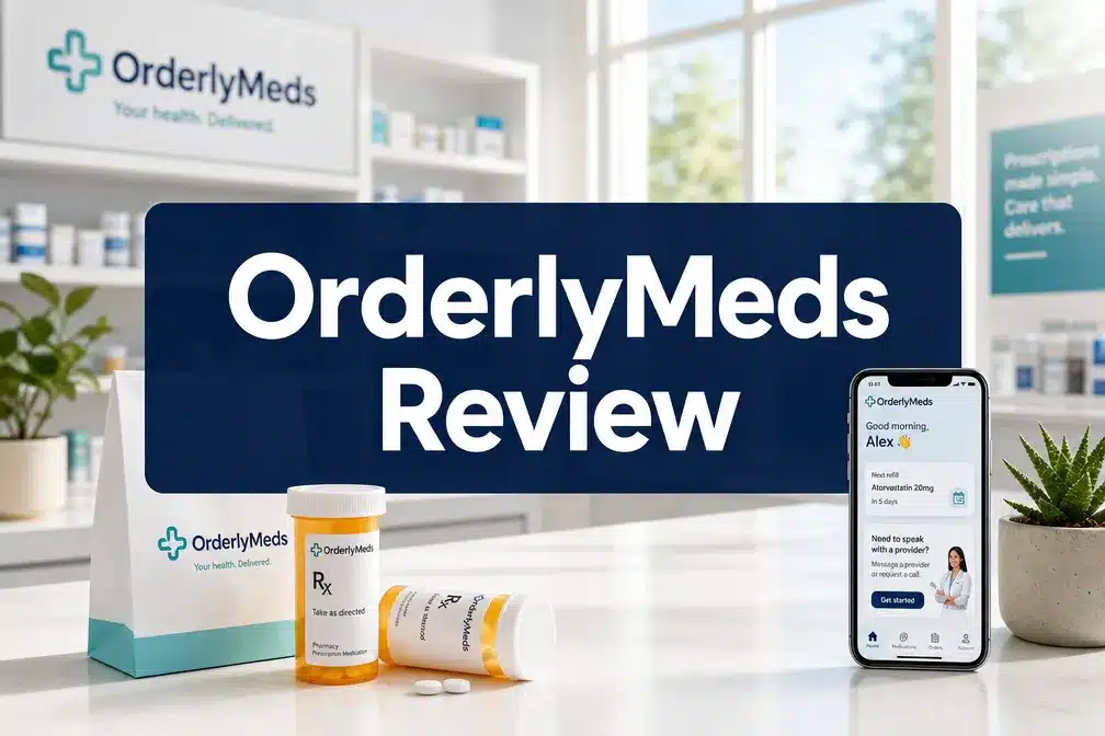 OrderlyMeds review 1 Professional () hero image with 'OrderlyMeds Review' in crisp white on a deep navy semi-transparent panel, centered with 8%