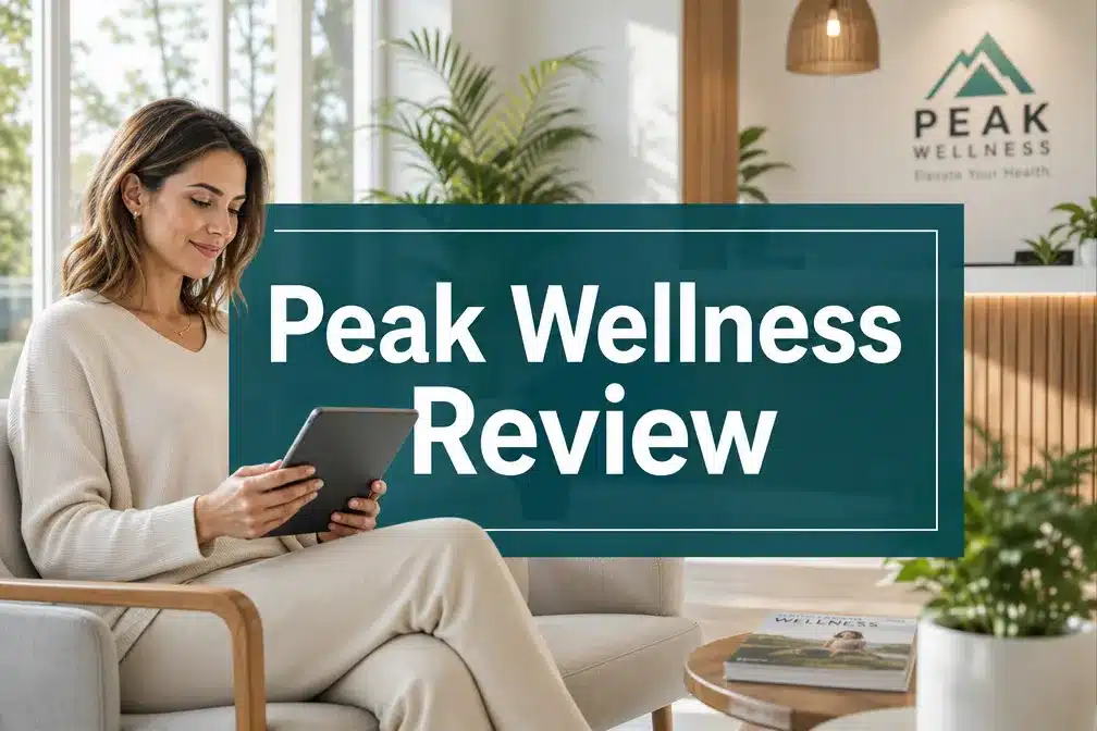 Peak Wellness review 1 Professional () hero image with 'Peak Wellness Review' in crisp white on a deep teal semi-transparent panel, centered with