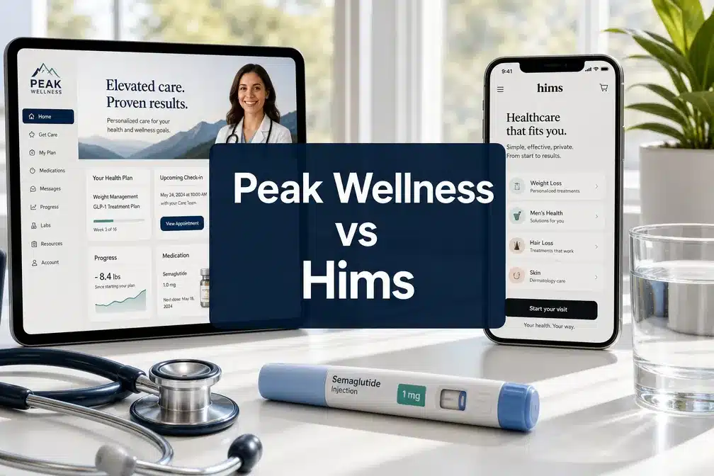 Professional () hero image with 'Peak Wellness vs Hims' in crisp white on a deep navy semi-transparent panel, centered with
