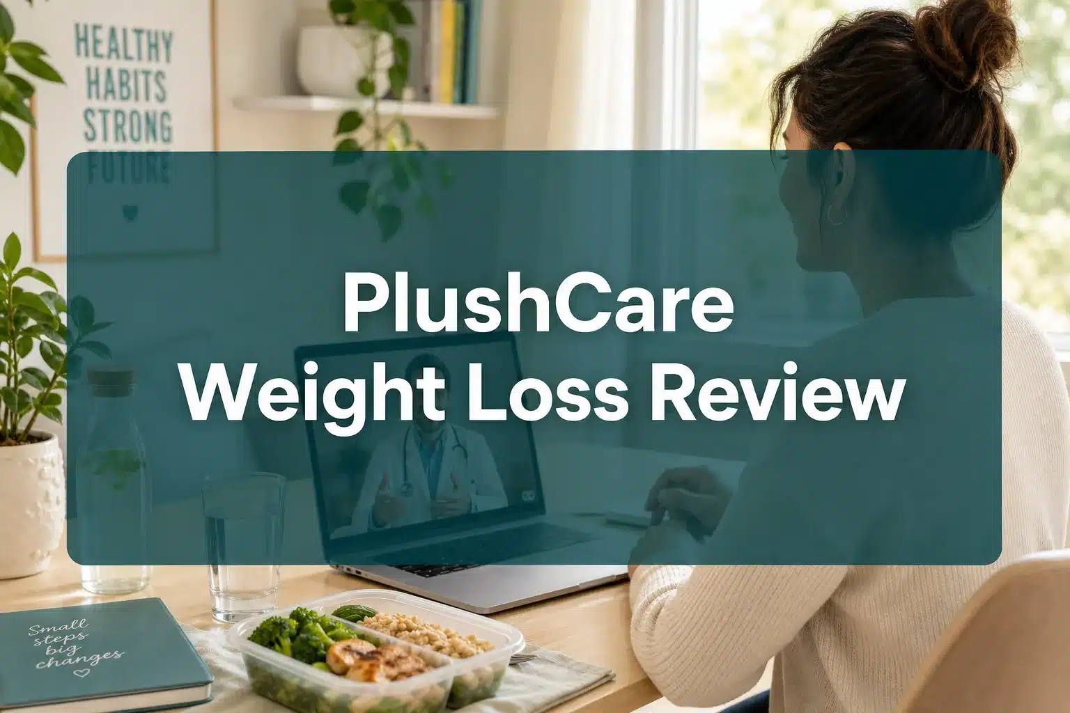 PlushCare weight loss review 1 Professional () hero image with 'PlushCare Weight Loss Review' in crisp white on a deep teal semi-transparent panel,
