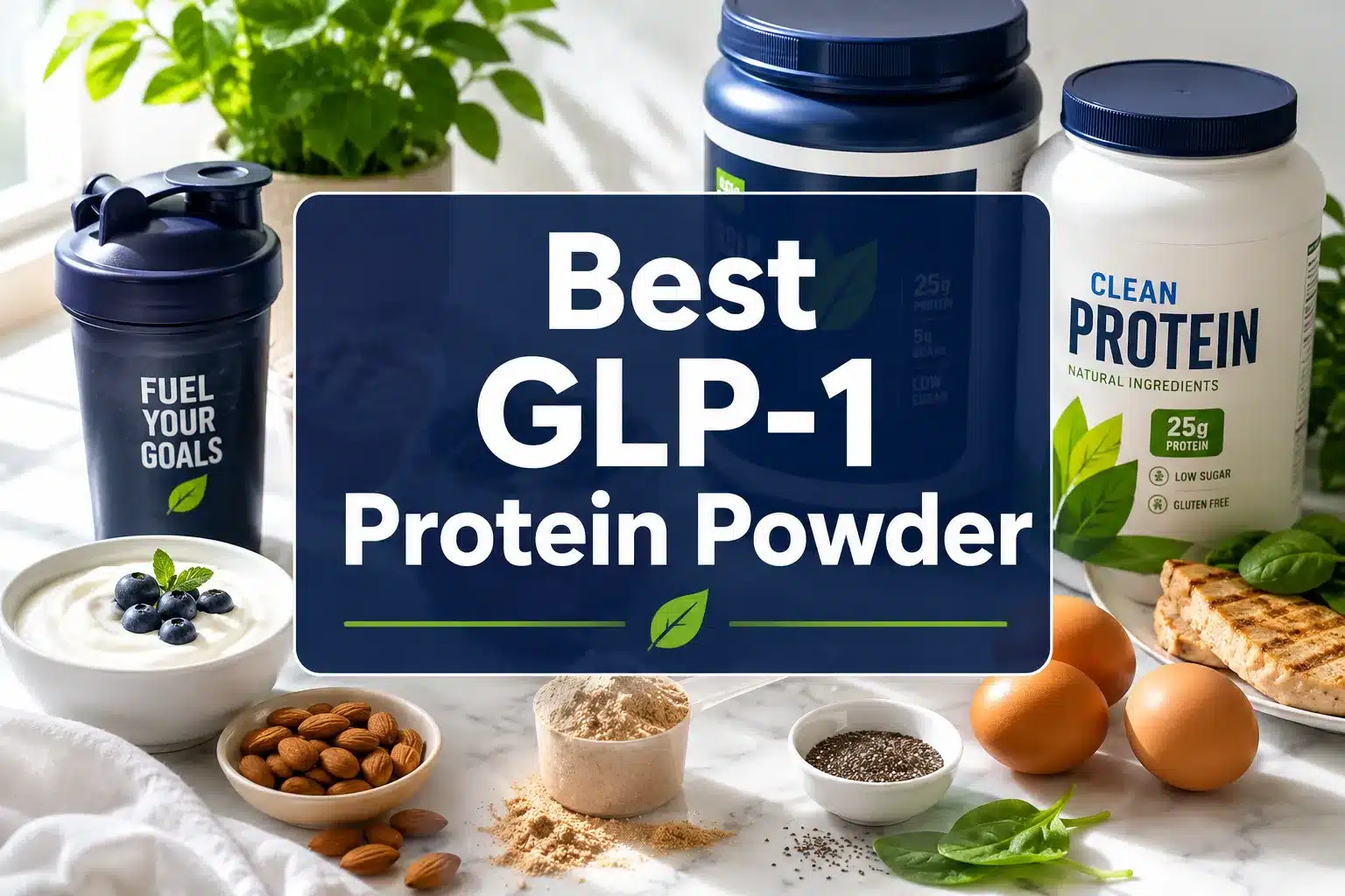 Professional () hero image with centered 'Best GLP-1 Protein Powder' in crisp white on a semi-transparent dark navy panel,