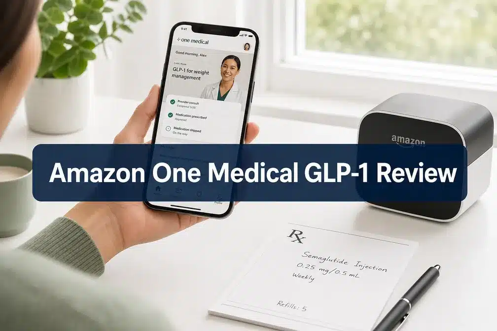 Amazon One Medical GLP-1 review 1 Professional () hero image with (≤42 chars): 'Amazon One Medical GLP-1 Review' in crisp white on a deep navy