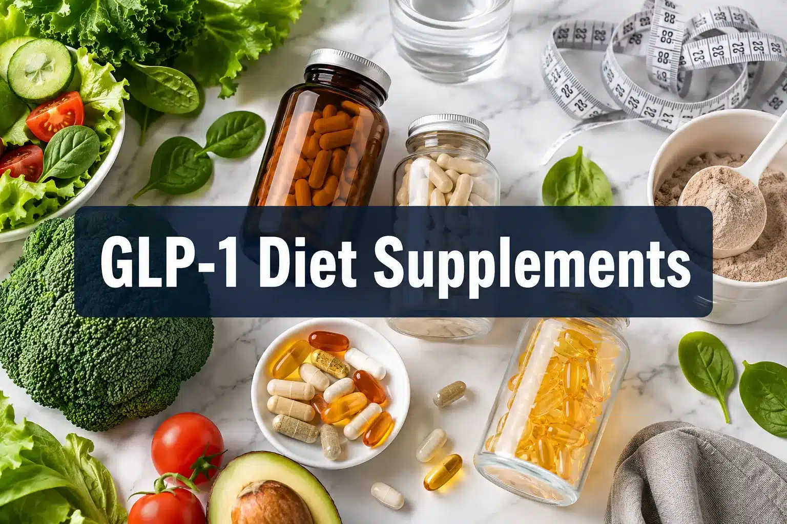 Professional () hero image with (≤42 chars): 'GLP-1 Diet Supplements' in crisp white on a semi-transparent dark navy panel,