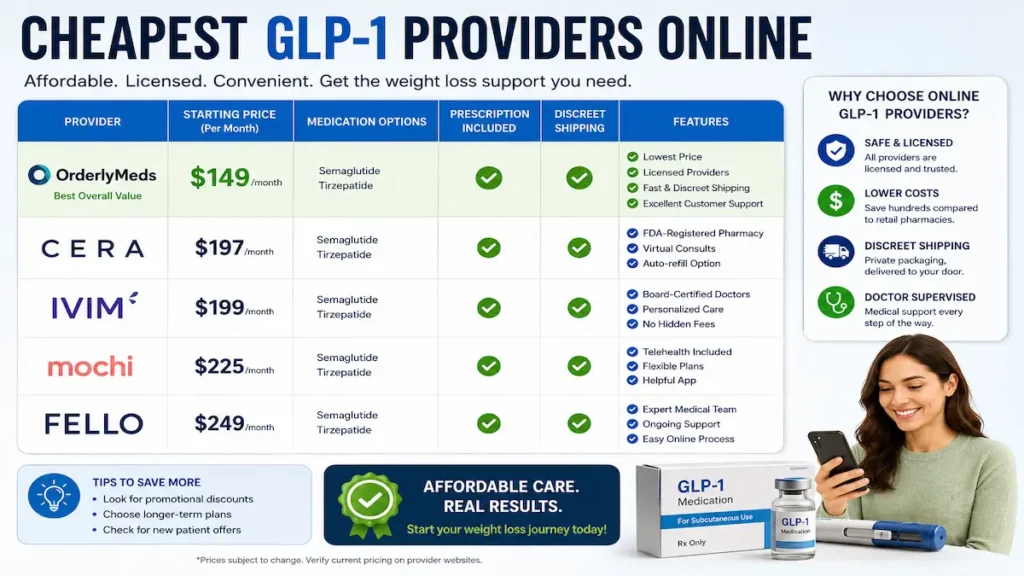 7 Cheapest Online GLP-1 Providers (2026): Compared by True Cost, Hidden Fees & Overall Value 11 The 7 Cheapest Online GLP-1 Providers: Full Reviews