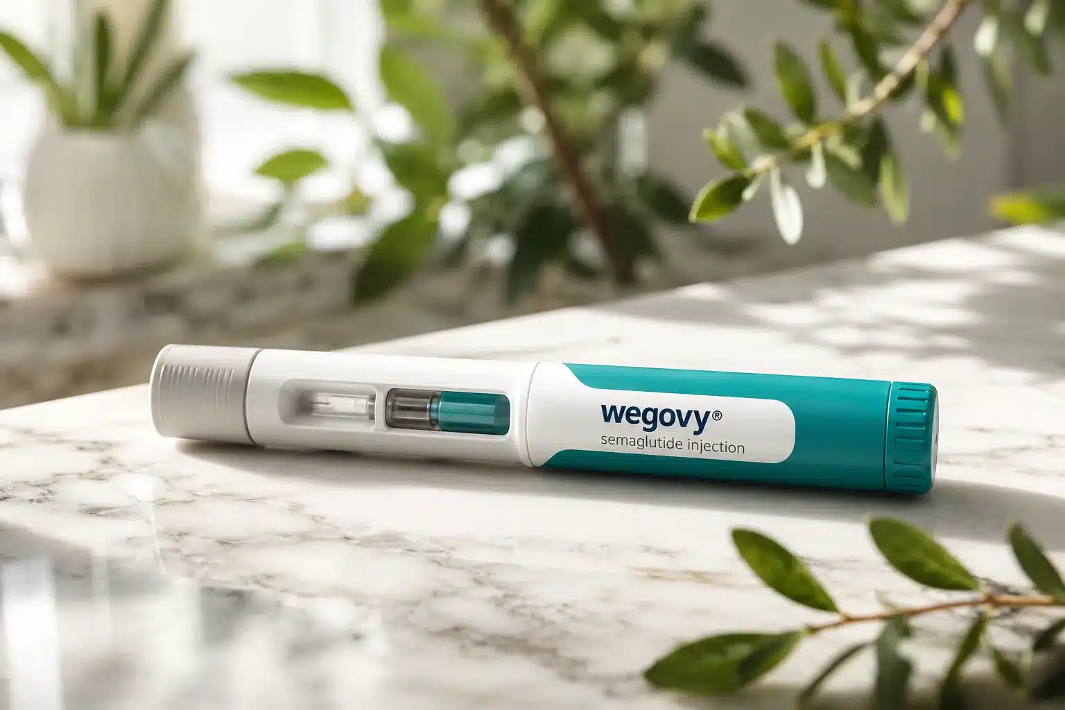 Wegovy Rx Weekly injection pen (semaglutide) 2 Editorial () bright studio product hero shot: a single Wegovy semaglutide injection pen centered on a pristine white marble