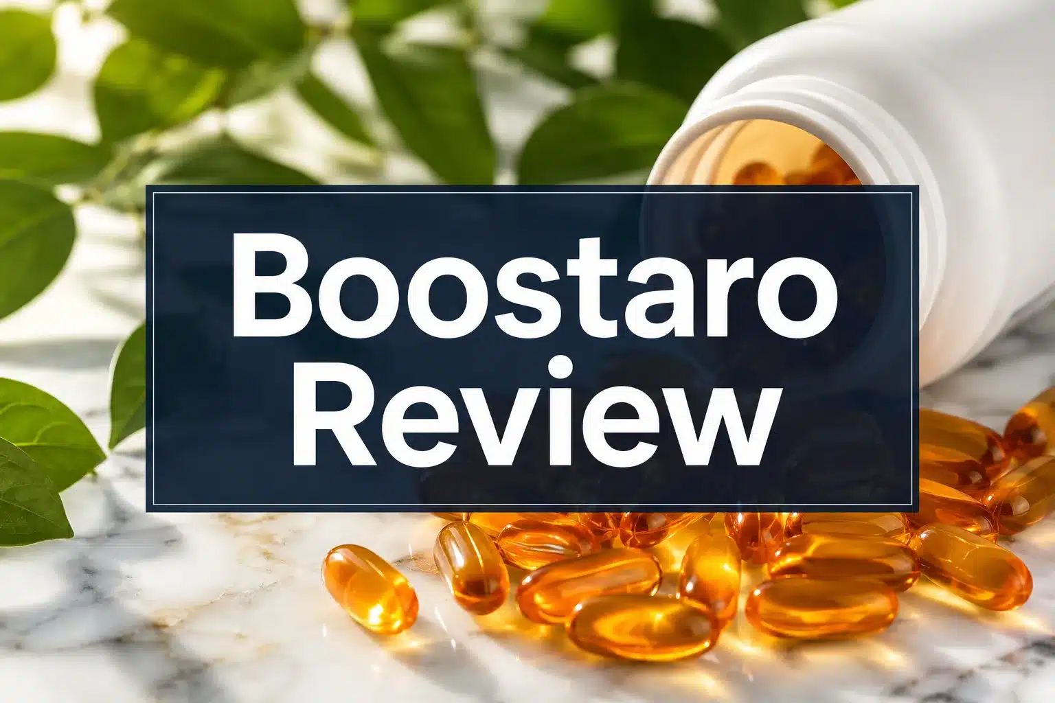 Professional () hero image with 'Boostaro Review' in crisp white on a deep navy semi-transparent panel, centered with 8%