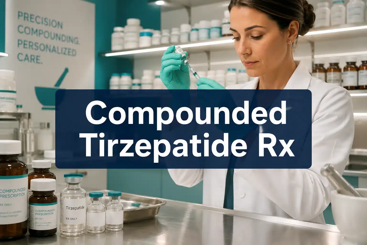 Professional () hero image with 'Compounded Tirzepatide Rx' in crisp white on a deep navy semi-transparent panel, centered