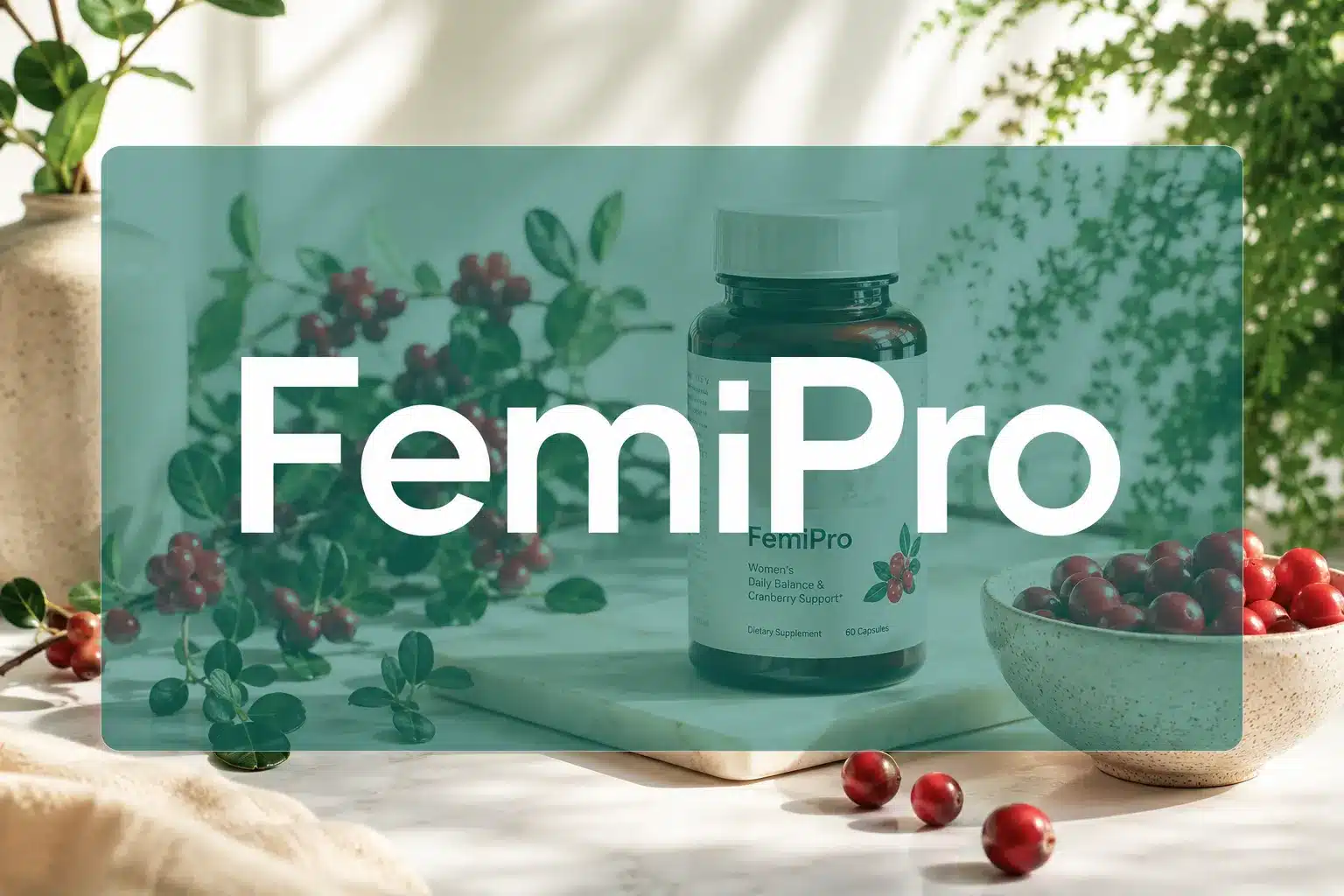 Professional () hero image with 'FemiPro' in crisp white centered on a semi-transparent teal panel, 8% safe margins from