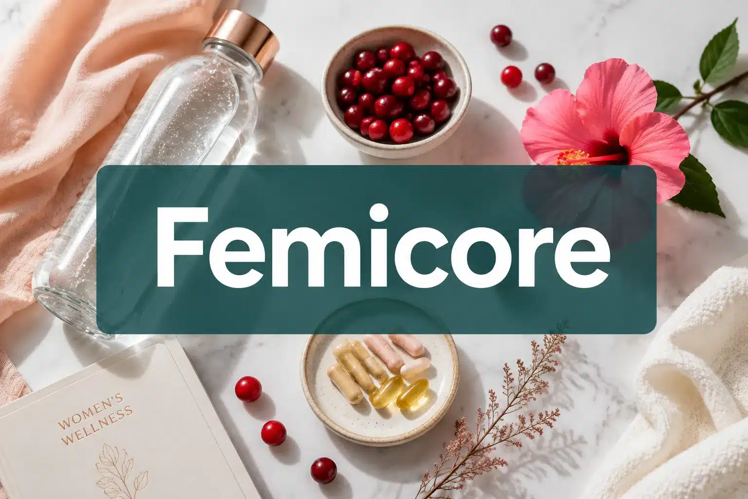 Professional () hero image with 'Femicore' in crisp white on a semi-transparent dark teal panel, centered with 8% safe