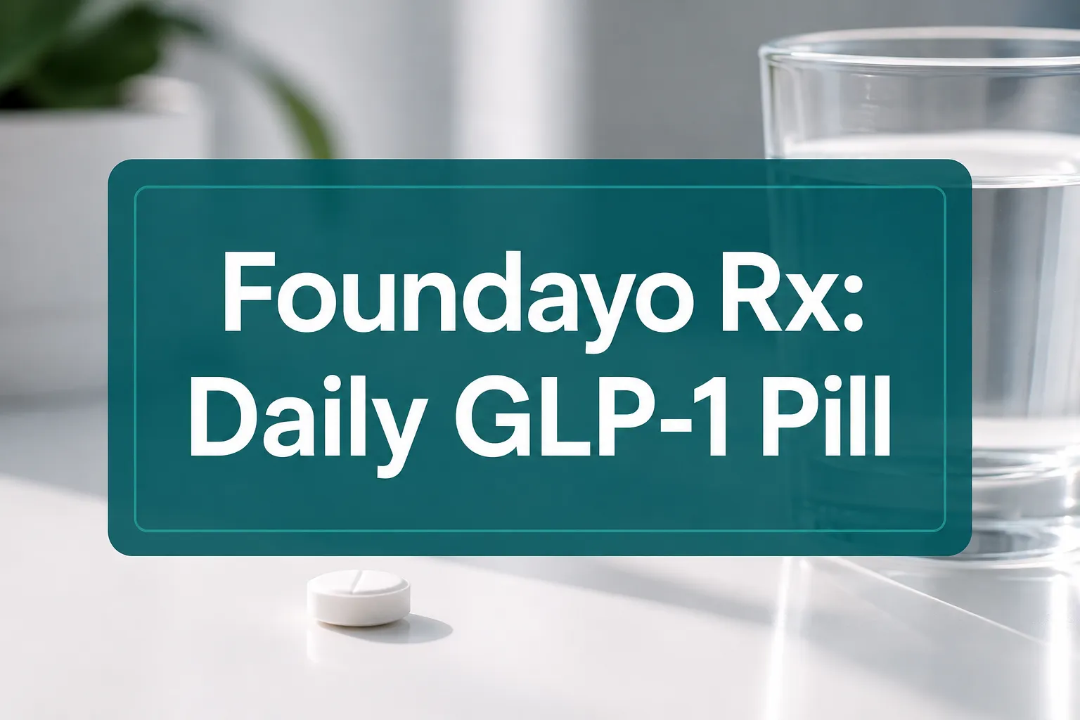 Professional () hero image with 'Foundayo Rx: Daily GLP-1 Pill' in crisp white on a deep teal semi-transparent panel,