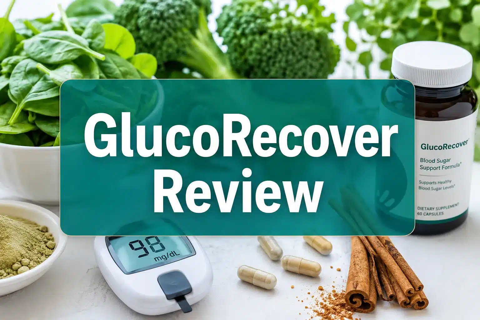 GlucoRecover Review 2026: Does It Really Work for Weight Loss? 1 Professional () hero image with 'GlucoRecover Review' in crisp white on a deep teal semi-transparent panel, centered with 8%