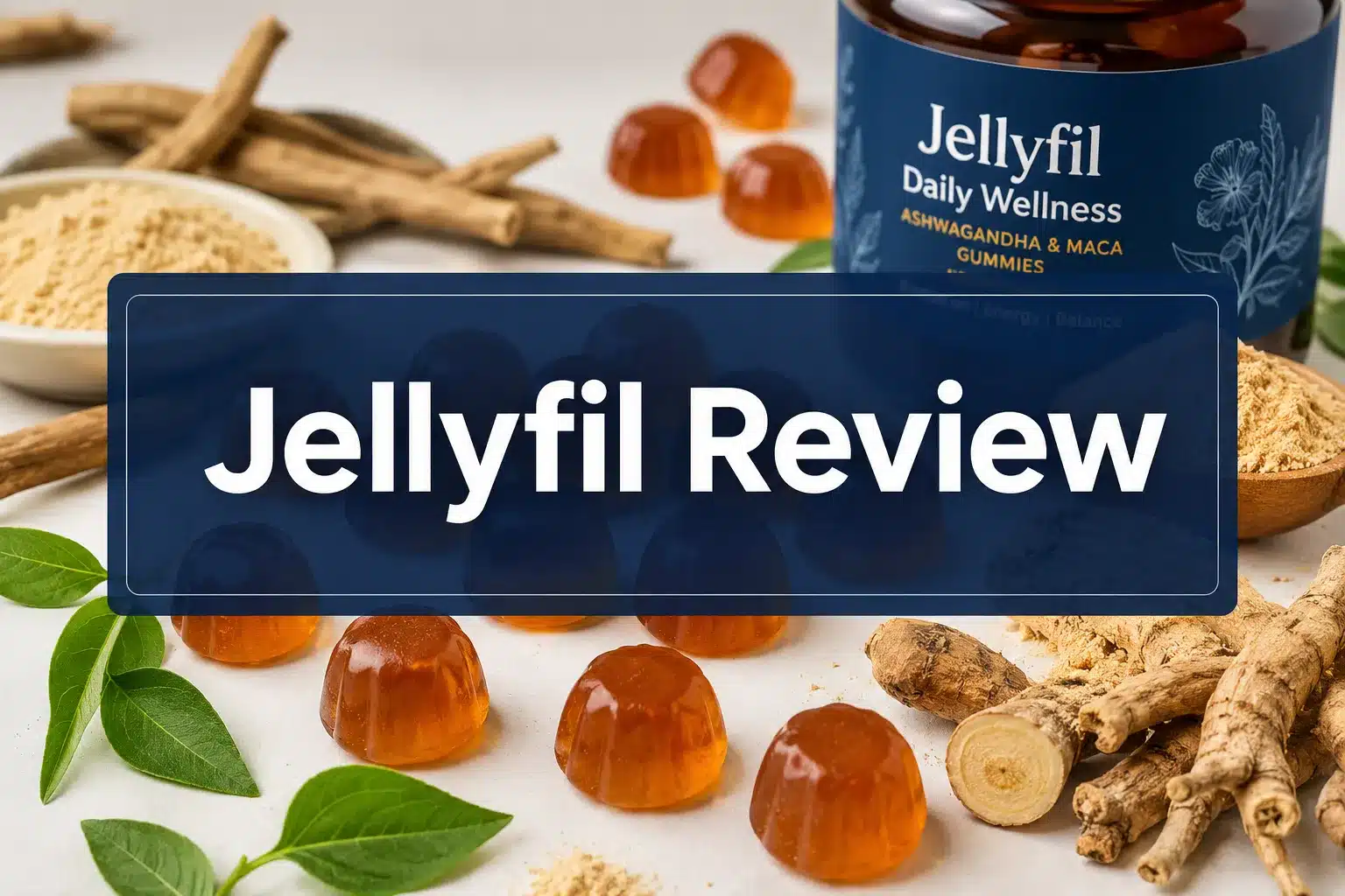 JellyFil Gummies Review 2026: Do These Male Enhancement Gummies Actually Deliver Results? 1 Professional () hero image with 'Jellyfil Review' in crisp white on a deep navy semi-transparent panel, centered with 8%