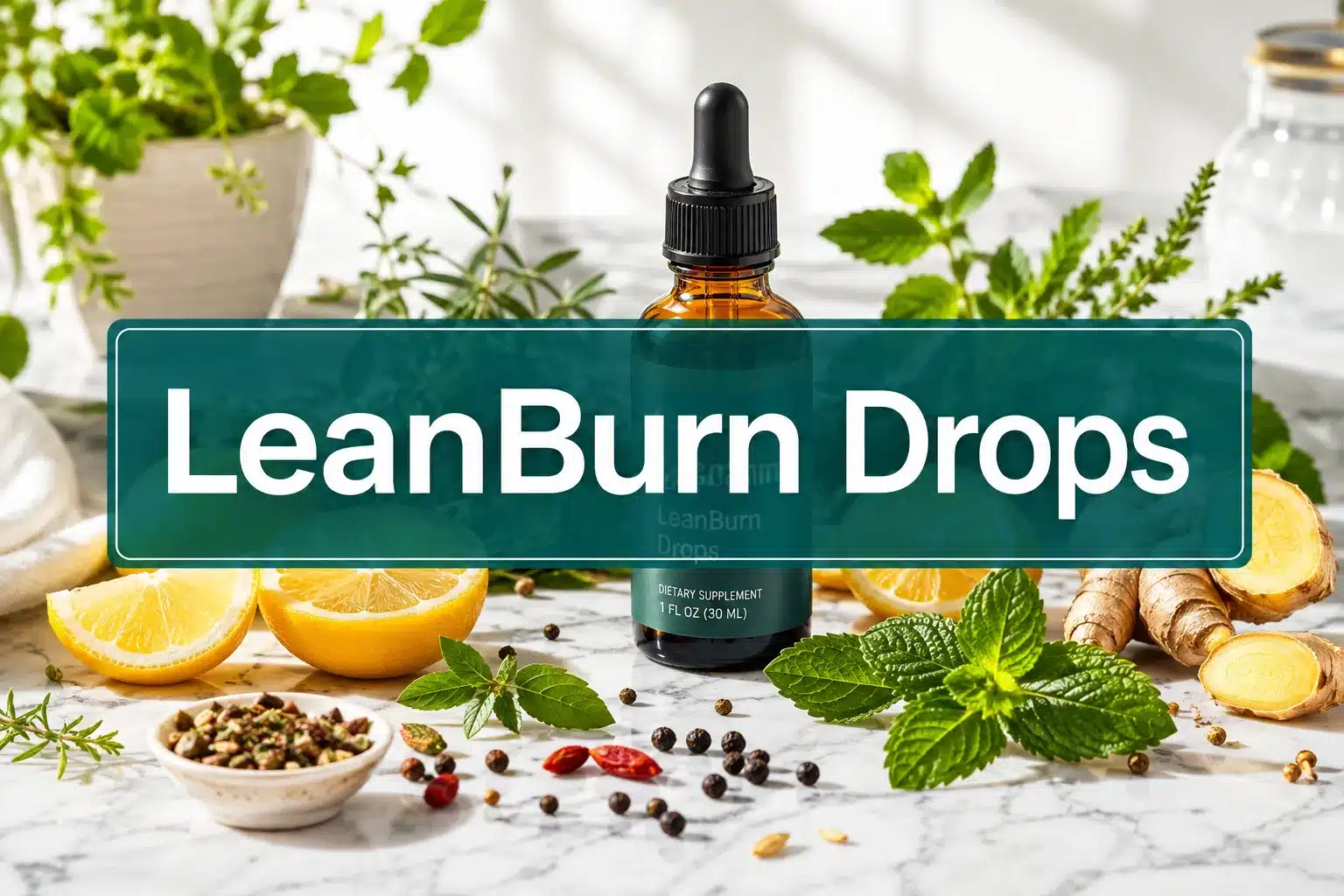 LeanBurn Drops 2026: Is This Weight Loss Formula Worth Trying? 1 Professional () hero image with 'LeanBurn Drops' in crisp white on a deep teal semi-transparent panel, centered with 8% safe