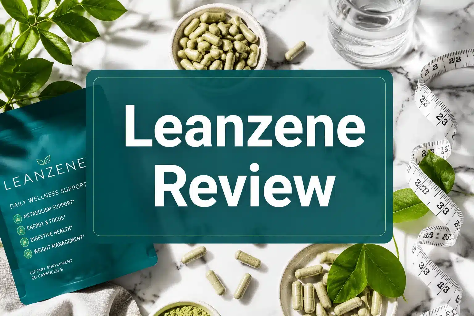 Professional () hero image with 'Leanzene Review' in crisp white on a deep teal semi-transparent panel, centered with 8%