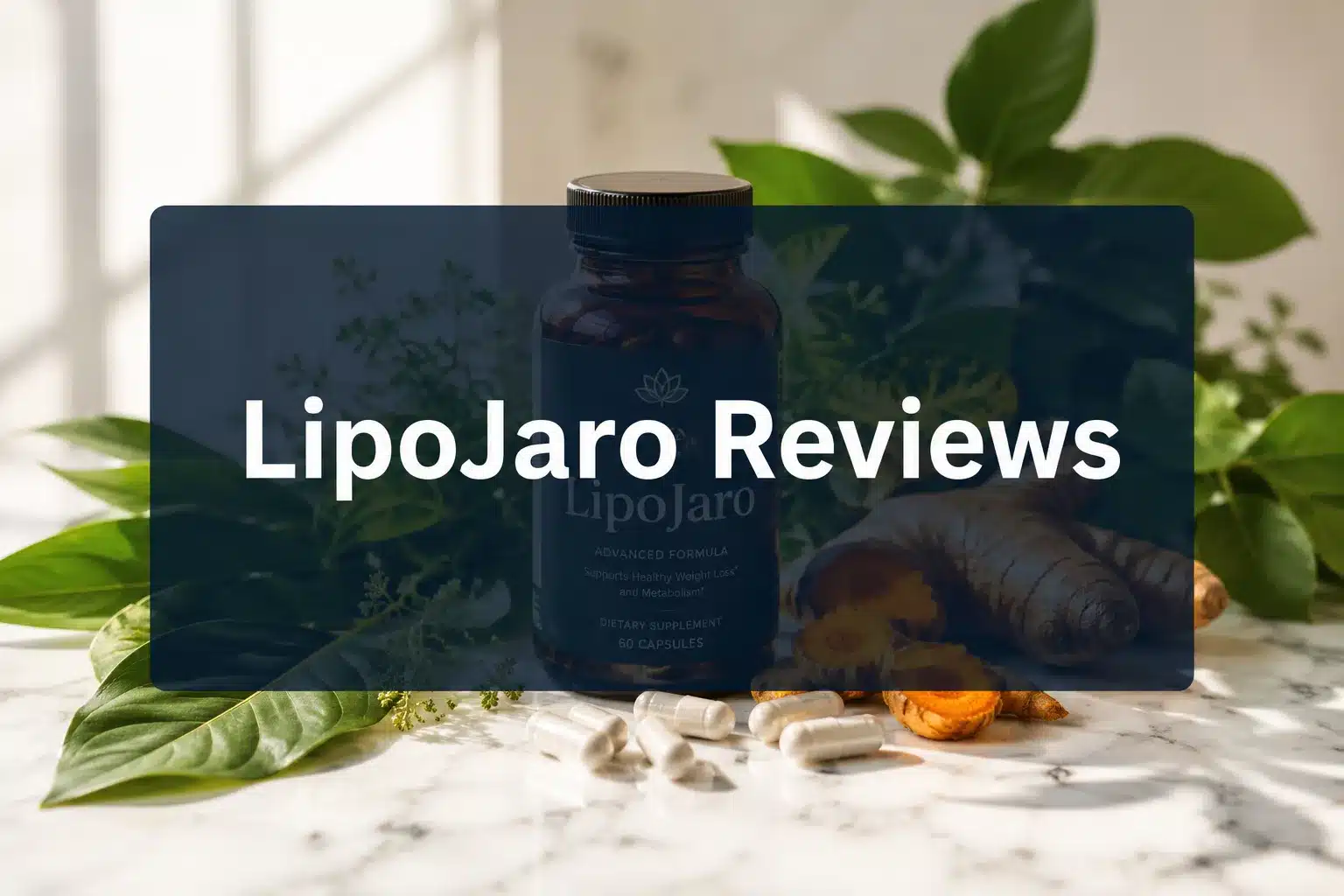 Professional () hero image with 'LipoJaro Reviews' in crisp white on a deep navy semi-transparent panel, centered with 8%