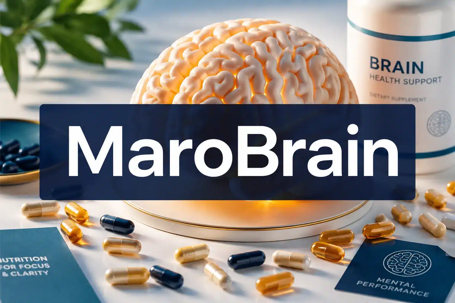 MaroBrain 1 Professional () hero image with 'MaroBrain' in crisp white centered on a deep navy semi-transparent panel, 8% safe margins