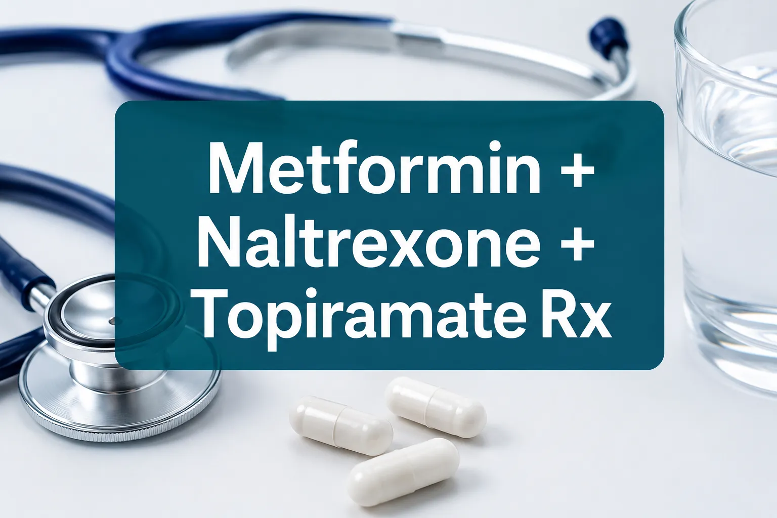 Metformin + Naltrexone + Topiramate Rx Daily oral capsule · metabolic & appetite support 1 Professional () hero image with 'Metformin + Naltrexone + Topiramate Rx' in crisp white on a deep teal semi-transparent