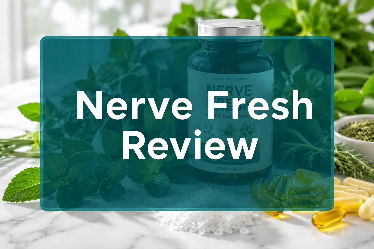 Professional () hero image with 'Nerve Fresh Review' in crisp white on a deep teal semi-transparent panel, centered with 8%