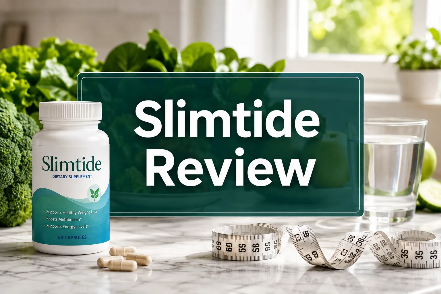 Professional () hero image with 'Slimtide Review' in crisp white on a deep teal semi-transparent panel, centered with 8%