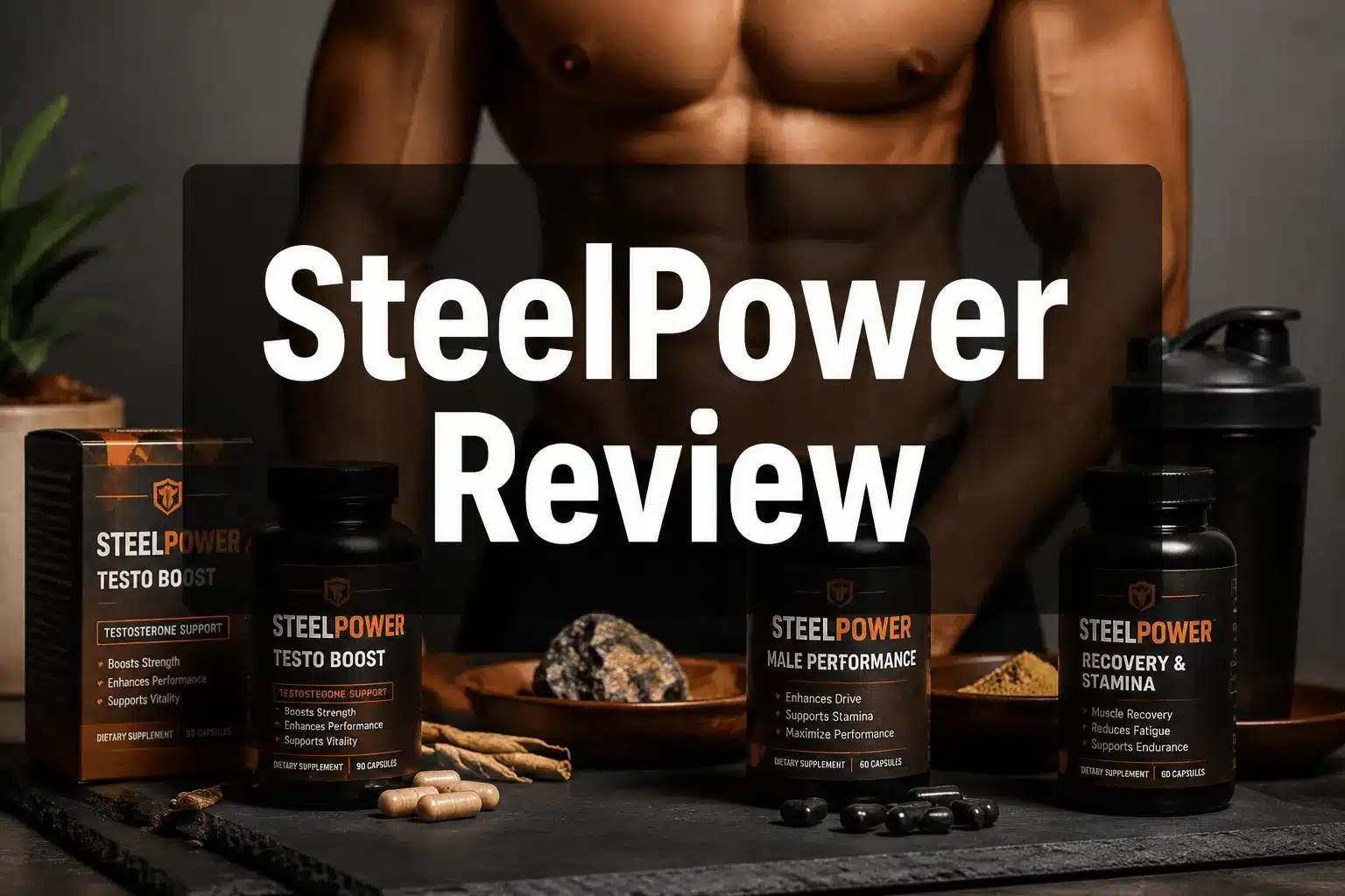 Professional () hero image with 'SteelPower Review' in crisp white on a dark semi-transparent panel, centered with 8% safe