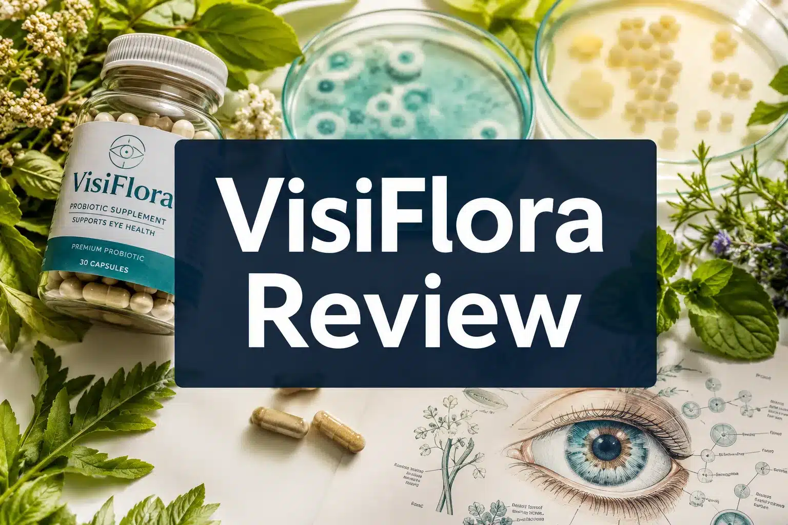 Professional () hero image with 'VisiFlora Review' in crisp white on a deep semi-transparent navy panel, centered with 8%