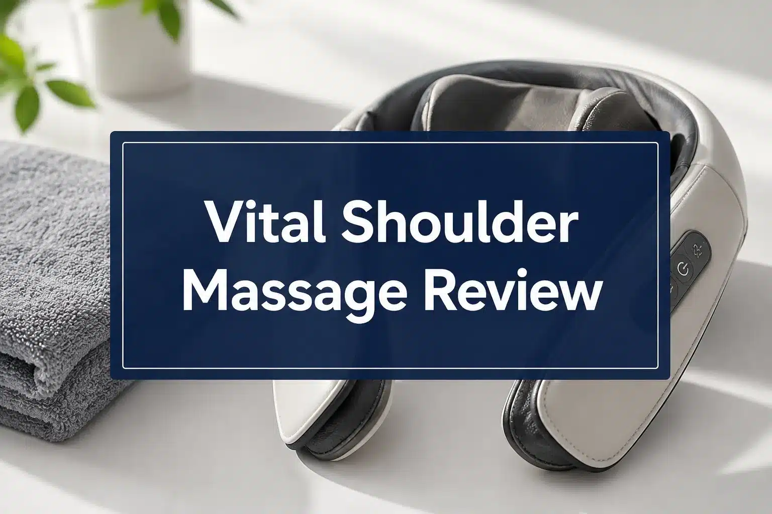 Professional () hero image with 'Vital Shoulder Massage Review' in crisp white on a deep navy semi-transparent panel,