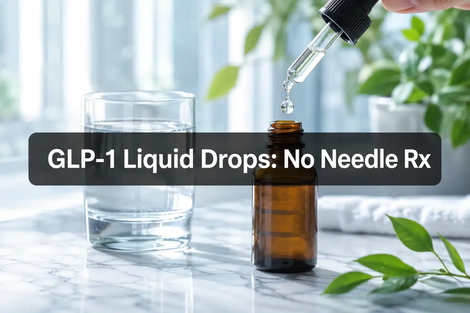 Professional () hero image with (≤42 chars): 'GLP-1 Liquid Drops: No Needle Rx' in crisp white on a semi-transparent dark