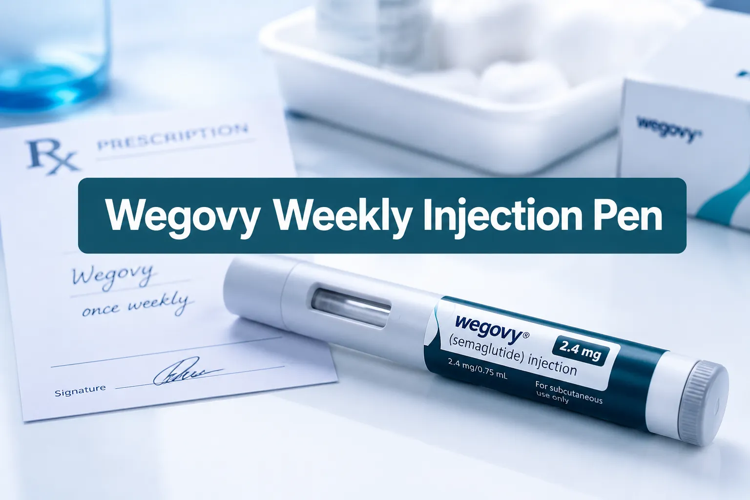 Wegovy Rx Weekly injection pen (semaglutide) 1 Professional () hero image with (≤42 chars): 'Wegovy Weekly Injection Pen' in crisp white on a deep teal semi-transparent
