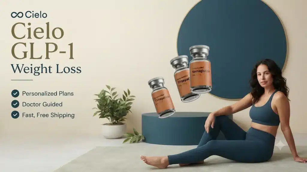 Cielo GLP-1 Review: $129/Month Compounded Tirzepatide – Is It Legit? 2 Cielo GLP-1 Review - A woman sitting next to Cielo GLP-1 weight loss medication vials and personalized plan checkmarks