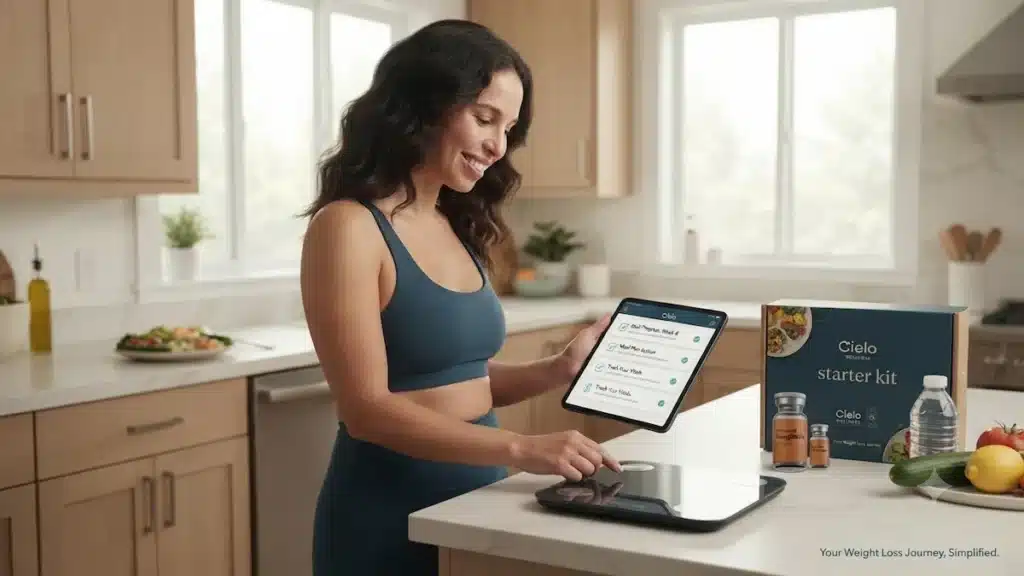 Cielo GLP-1 Review: $129/Month Compounded Tirzepatide – Is It Legit? 4 A woman in a kitchen smiling while using a digital tablet and smart scale as part of her Cielo GLP-1 wellness journey.