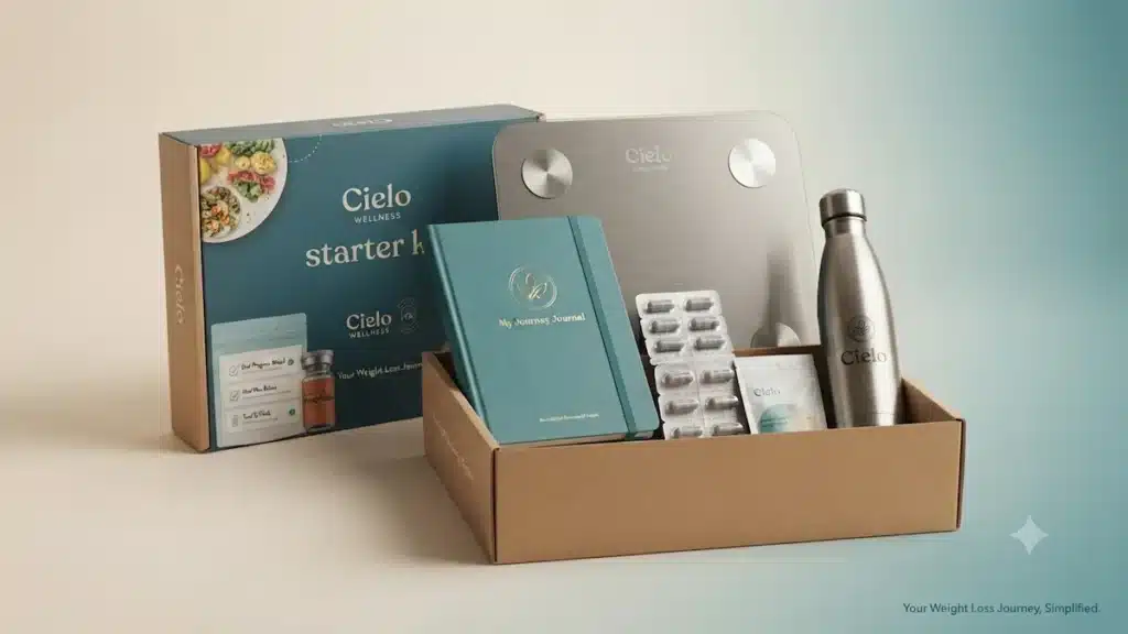 Cielo GLP-1 Review: $129/Month Compounded Tirzepatide – Is It Legit? 6 Cielo wellness starter kit box containing a digital scale, journal, water bottle, and supplements for weight loss.
