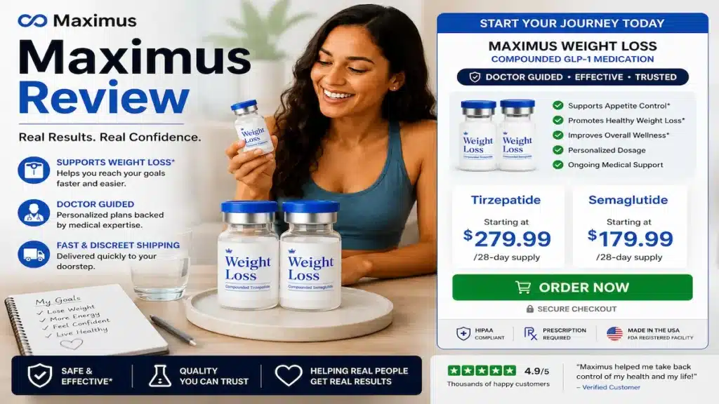 Maximus GLP-1 Review 2026: Cost, Medications & Real Patient Results 6 Maximus Review showing GLP-1 medication pricing plans, benefits, and online ordering options