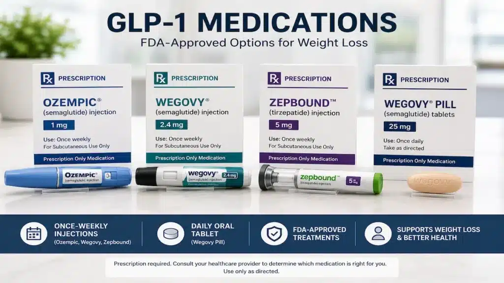 TrumpRx and GLP-1 Savings: Your 2026 Guide to Maximizing Medication Access 4 GLP-1 medications including Ozempic pen, Wegovy pen, Zepbound pen, and Wegovy pill displayed with prescription labels