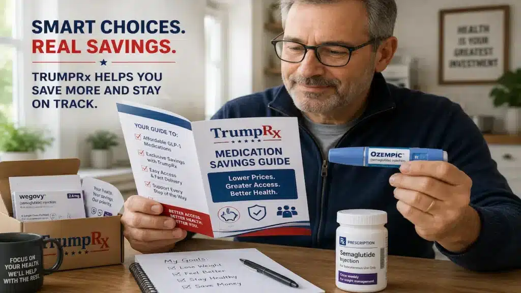 TrumpRx and GLP-1 Savings: Your 2026 Guide to Maximizing Medication Access 2 Person reviewing TrumpRx medication savings guide while holding GLP-1 prescription medication for weight management