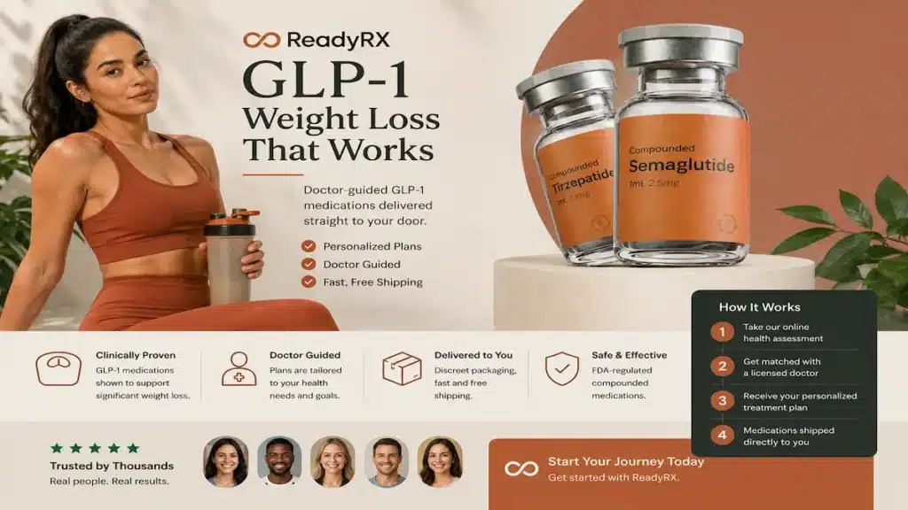ReadyRx Review (2026): Is This GLP-1 Weight Loss Program Worth It? 6 ReadyRx GLP-1 weight loss program highlighting semaglutide, tirzepatide, personalized care, and patient benefits