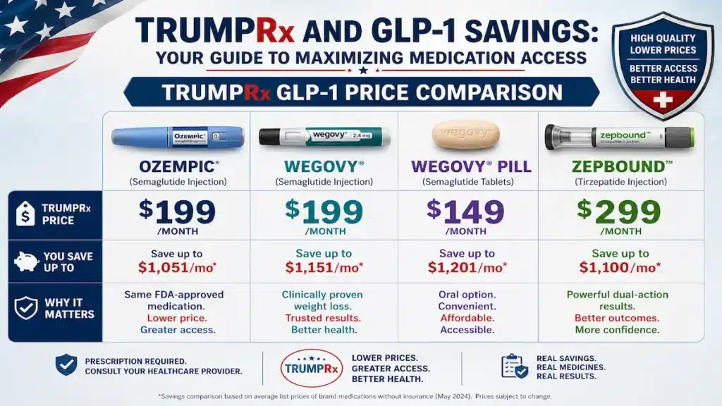 TrumpRx and GLP-1 Savings: Your 2026 Guide to Maximizing Medication Access 3 Price comparison chart showing TrumpRx GLP-1 medication prices for Ozempic at $199, Wegovy at $199, Wegovy pill at $149, and Zepbound at $299