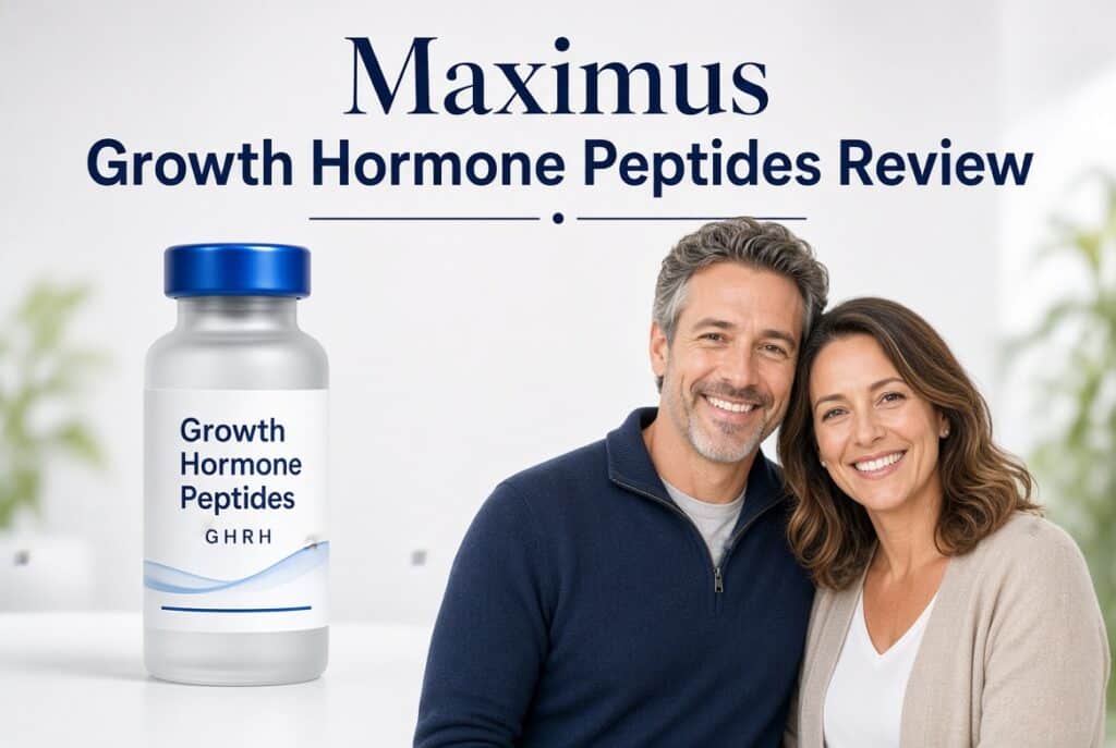 Maximus Growth Hormone Peptides Review – smiling middle-aged couple with Growth Hormone Peptides GHRH vial